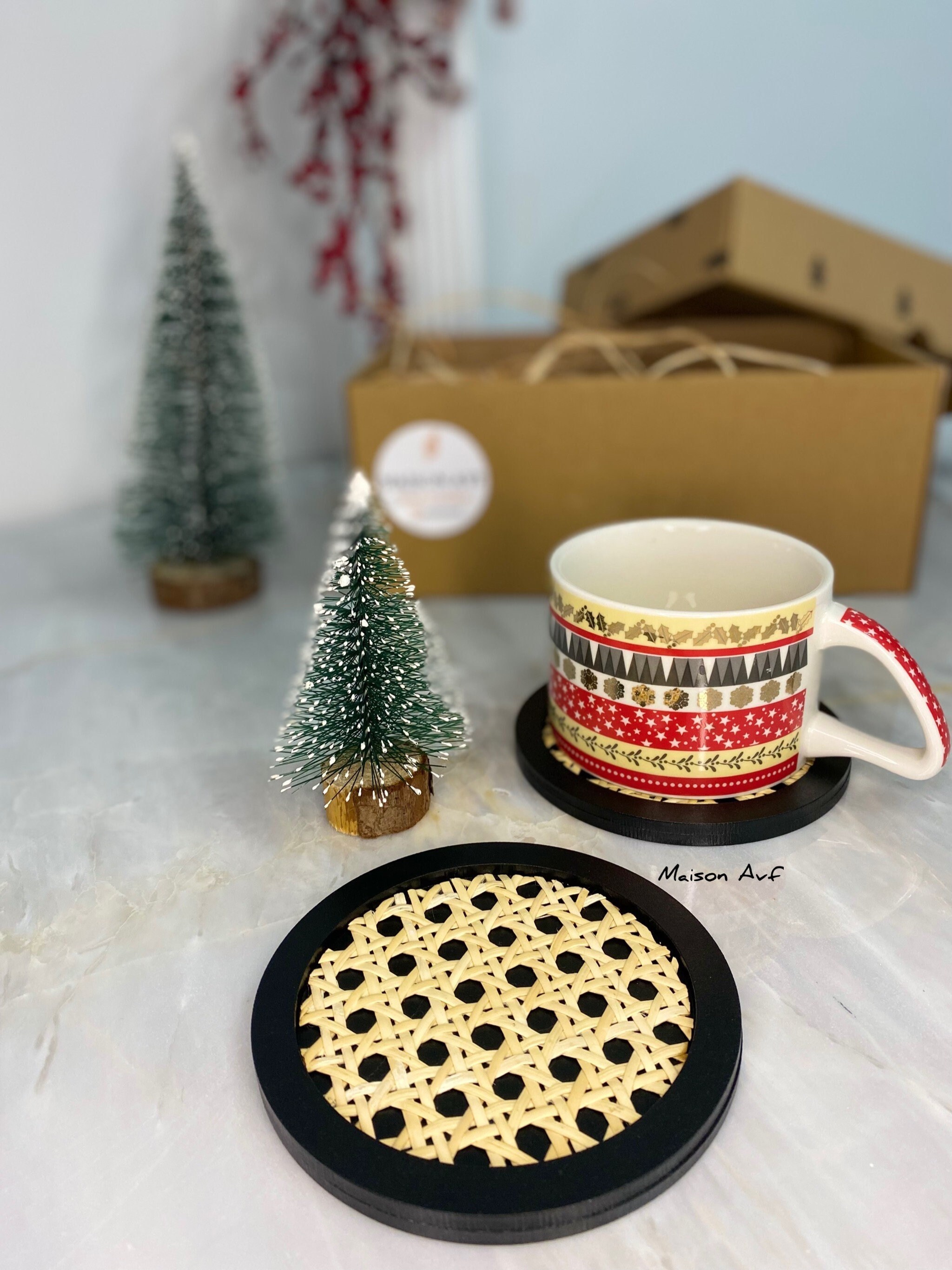 Handwoven Rattan Coaster Set, Black Hazeran Drink Coasters - Etsy
