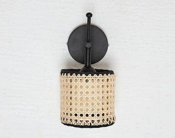 Black Rattan Cane Wall Sconce, Wireless Battery Operated LED Sconce, Black Hazeran Woven Wall Light, Maison AVF, Boho Wall Lighting