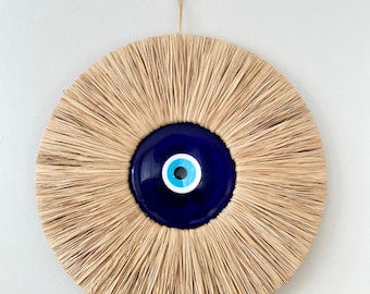 Raffia Evil Eye, Evil Eye Wall Hanging, Glass Evil Eye Bead, Blue Eye, Raffia, Evil Eye Protection Amulet, Beautiful Home Decor