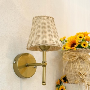 Handmade Rattan Wall Sconce  - Boho Rattan Battery Light Fixture - Rustic Wireless Wall Lamp - Gold Vintage Wall Decor- Battery Operated