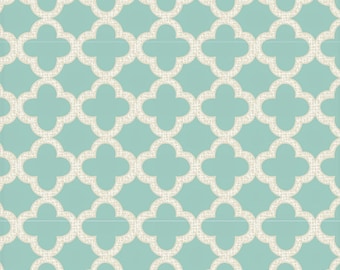 May include: A seamless pattern featuring a repeating design of white quatrefoils on a light blue background.