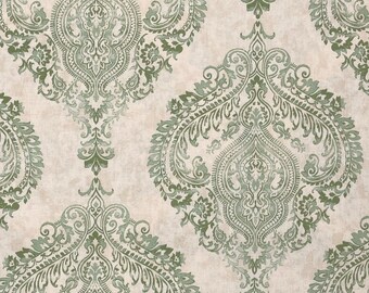 May include: A seamless pattern featuring a repeating design of intricate green paisley motifs on a light beige background.