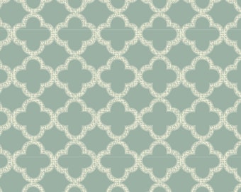 May include: A seamless pattern with a light blue background and a white quatrefoil design.