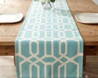 Geometric Table Runner, Bed Runner, Table Linen, Wedding, Banquet, Dresser Scarf, Buffet Scarf, Deluxe Runner, Blue Runner, Dining, Serving
