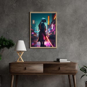 Póster neosamurái / Arte mural retro de Tokio / Impresión de fantasía neón rosa y amarillo / Ilustración de samurái ciberpunk / Obra de arte vertical de 2x3