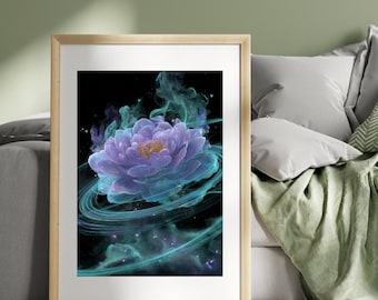 Sacred Alien Blossom Print – Mystical Space Flower Wall Art – Stardust & Smoke Sci-Fi Poster