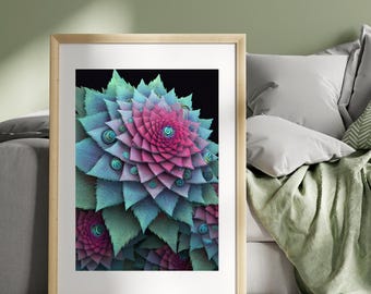 Alien Jungle Flower Art Print – Surreal Sci-Fi Botanical Wall Decor – Trippy Hexagon Fantasy Poster