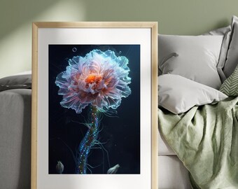 Majestic Alien Flower Print – Biomechanical Sci-Fi Wall Art with Bioluminescent Filaments, Vertical Spiral Botanical Digital Artwork