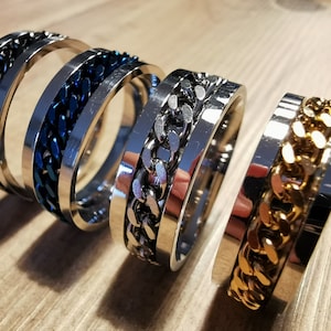 Silver Stainless Steel Spinning Spin Rotatable Chain Band Ring Available in Gold, Silver, Black and Blue