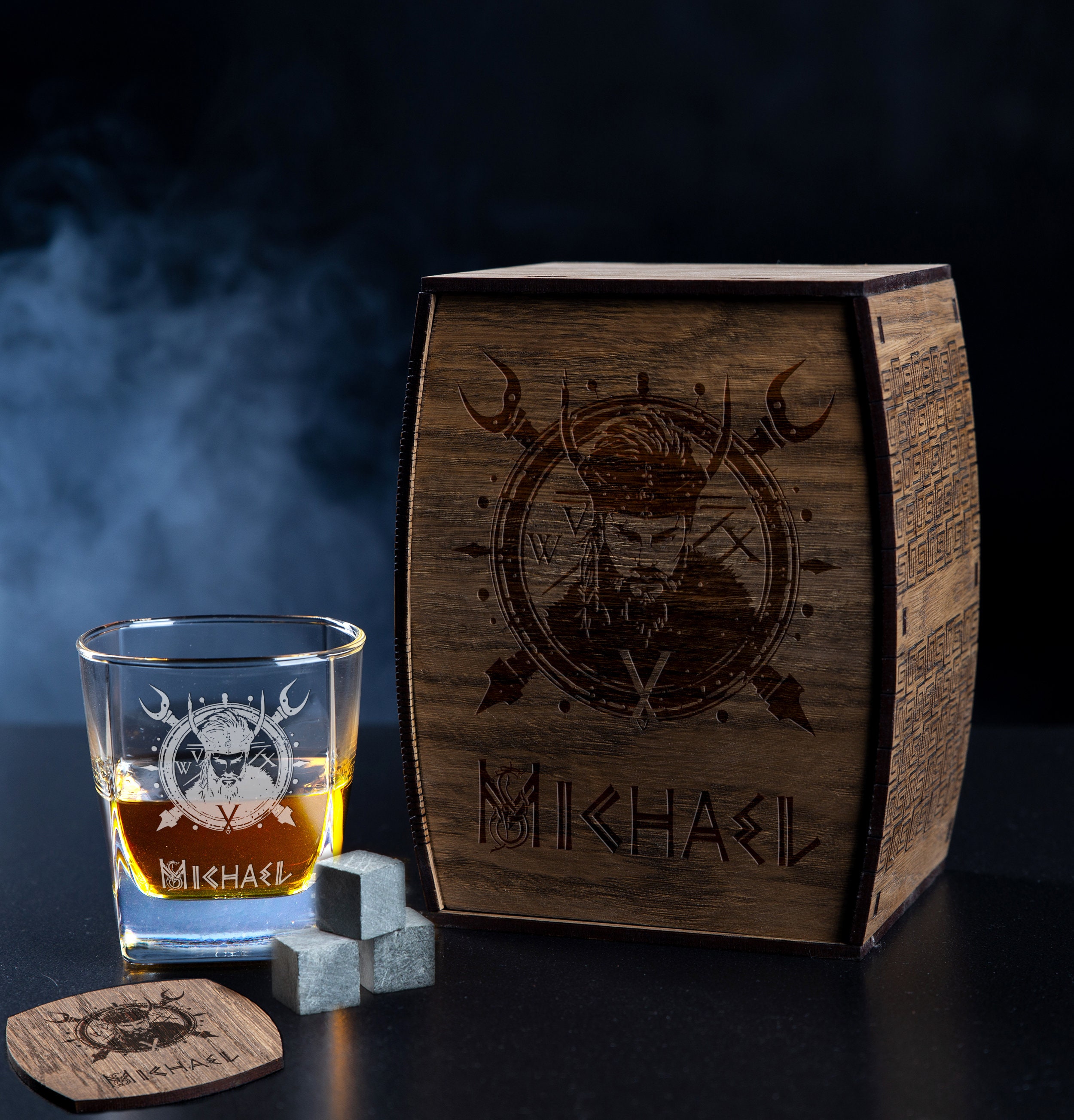 Personalized whiskey gift set - set number 114 - viking gift for him, Norse mythology, viking face, scandinavian weapons, whiskey lover