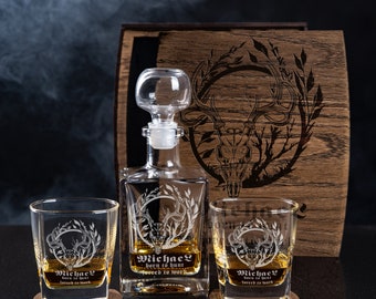 Personalized whiskey gift set - Decanter set number 168 - Born to hunt, forced to work,  funny inscription, gift for hunter, deer skull