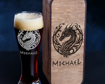 Personalized Beer Glass and Wooden Box -195- gift for board game fan, Game master, Dragon, geek culture, fantasy
