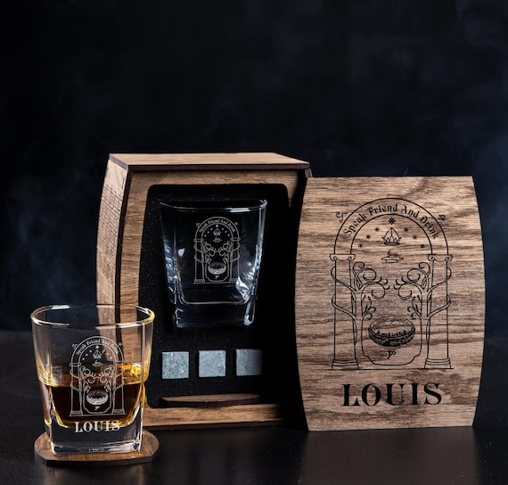 A Lord of the Rings–themed 'speak friends and drink' engraved whiskey glass — niche fandom meets functional drinkware in a way that makes nerds actually gasp.