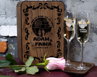 Personalized Wedding Champagne Glasses - 374 - with Engraved Wooden Box