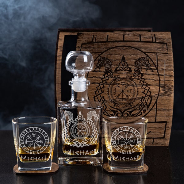 Coffret cadeau whisky personnalisé - Decanter set numéro 165 - cadeau viking, Vegvisir, boussole runique, Viking Drakkar, bateau viking