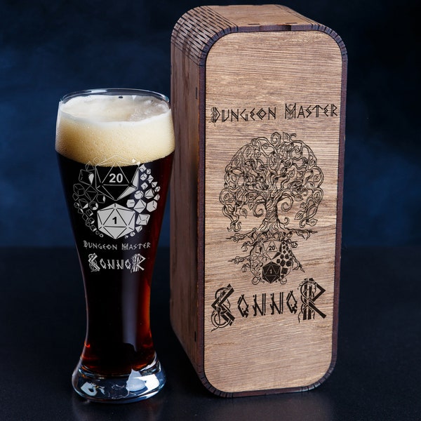 Personalized Beer Glass and Wooden Box -224- Wooden Boxed Beer Glass with Custom Dice Engraving - For real geeks - Game master