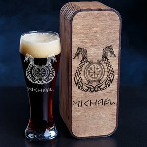 Custom Engraved Beer Glass Set -196- with Viking Drakkar Design - Personalized Gift with Norse Mythology engraving Vegvisir, Runic compass