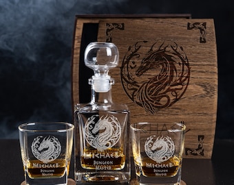 Personalized whiskey gift set -  Decanter set number 151 - gift for board game fan, Game master, Dragon, geek culture, fantasy