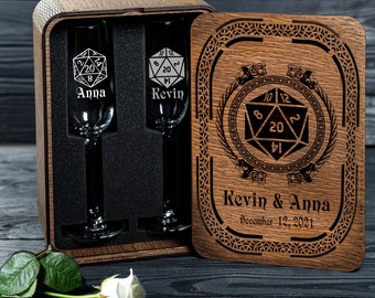 Personalized Wedding Champagne Glasses - 314 -  with Engraved Wooden Box