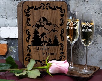 Personalized Wedding Champagne Flutes - 325 -: Engraved Wooden Box Set