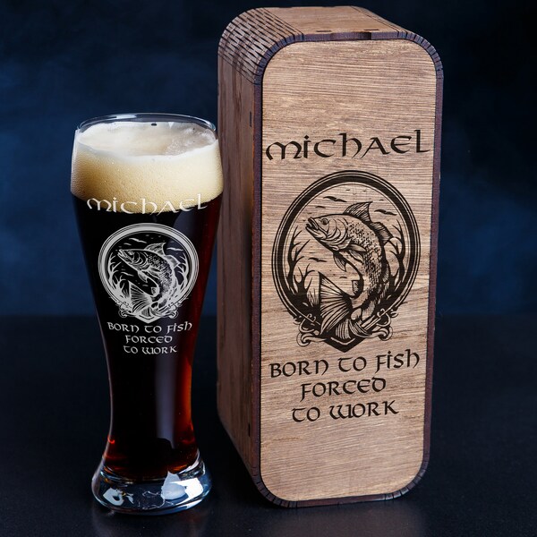 Custom Engraved Beer Glass Set -204 -  Born to fish forced to work Best gift idea for husband or father