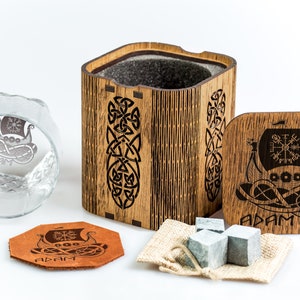 Glass with Viking Drakkar - set number 63 - Personalized whiskey gift set, viking gift for him, ancient runes, Celtic mythology, Vegvísir