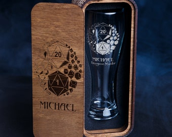 Personalized Beer Glass and Wooden Box -220- Wooden Boxed Beer Glass with Custom Dice Engraving - For real geeks - Game master