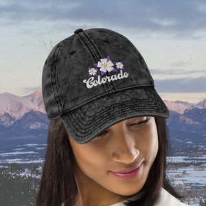 Colorado Wildflower Dad Hat - Vintage Flower Cotton Twill Cap - Black Denim Cap - Boulder CO Souvenir - 90&#39;s Hiking Columbine Hat
