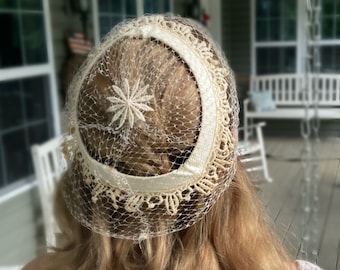 Kokin Bucket Straw Veil Ivory Floral Embroidery Net Vintage Bridal Lunch Hat Kokin Bucket Straw Veil Ivory Floral Embroidery Net Vintage  main image 2