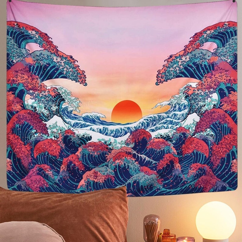 Trippy Ocean Wave Tapestry | Sunset Wall Tapestry | 3D Great Wave Wall Hanging | Tapestry Decor for Room Bedroom | Modern Art Wall Hanging 