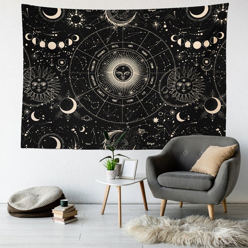 Astrology Tapestry White Black Sun Moon Starry Sky Map - Etsy UK