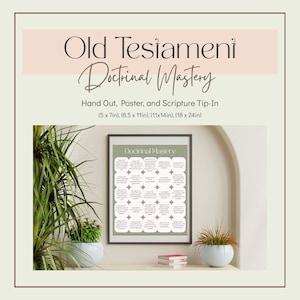 Peut inclure: Affiche encadrée avec le texte "Old Testament Doctrinal Mastery" et les dimensions (12,7 x 17,8 cm), (21,6 x 27,9 cm), (27,9 x 35,6 cm), (45,7 x 61 cm). L'affiche est exposée sur une étagère avec des plantes et des livres. L'affiche a une bordure verte et du texte blanc.