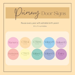 Op de afbeelding: Een set van tien ronde, printbare deurbordjes in pastelkleuren, voorzien van tekstlabels zoals Nursery, Sunbeams, CTR en Valiani met geboortejaren. De koptekst luidt Primary Door Signs, Reuse every year with editable birth years! 21,59 x 27,94 cm printables.