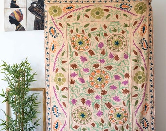 Tiro hecho a mano Suzani, manta, sábana completamente bordada, colcha, bordado Suzani, colgante de pared Suzani, arte uzbeko Suzani 150x225cm