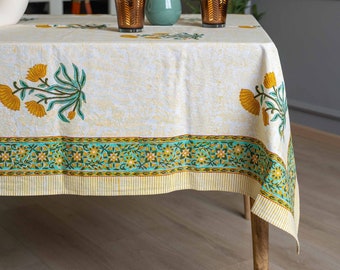 Indian Block Print Tablecloth, Hand Printed Table cover, Floral Tablecloth, Rectangle Table cloth