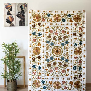 Cotton Suzani Throw Blanket Fully Embroidery Bed sheet Bedspread Suzani Embroidery, Suzani Wall Hanging ,Uzbek Suzani Art Inspired 150x225cm
