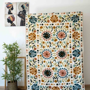 Cotton Suzani Throw Blanket Fully Embroidery Bed sheet Bedspread Suzani Embroidery, Suzani Wall Hanging ,Uzbek Suzani Art Inspired 150x225cm