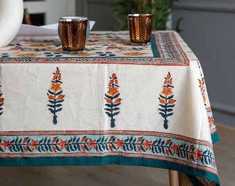 Indian Block Print Tablecloth, Hand Printed Table cover, Floral Tablecloth, Rectangle Table cloth