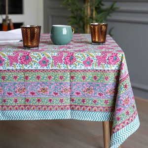 Indian Block Print Tablecloth, Hand Printed Table cover, Floral Tablecloth, Rectangle Table cloth