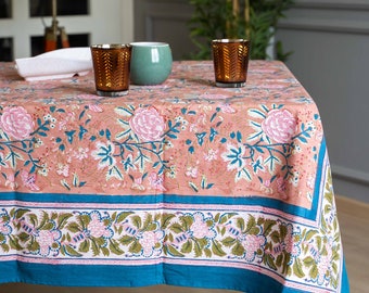 Indian Block Print Tablecloth, Hand Printed Table cover, Floral Tablecloth, Rectangle Table cloth