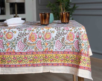 Indian Block Print Tablecloth, Hand Printed Table cover, Floral Tablecloth, Rectangle Table cloth