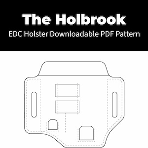Może przedstawiać: Czarno-biała ilustracja wzoru kabury. U góry znajduje się tekst "The Holbrook", a poniżej "EDC Holster Downloadable PDF Pattern". Wzór przedstawia kontur kabury z przerywanymi liniami wskazującymi szwy.