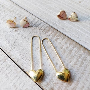 Heart Earrings: River Shell Studs, Brass Dangles