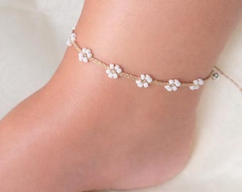 Daisy Anklet – tschechische Glasblumen Perlen Fußkettchen – Boho Sommer Schmuck