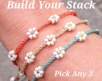 Gänseblümchen Armband 3er Set - Benutzerdefinierte Perlenblumenstapel - Wählen Sie Ihre Farben