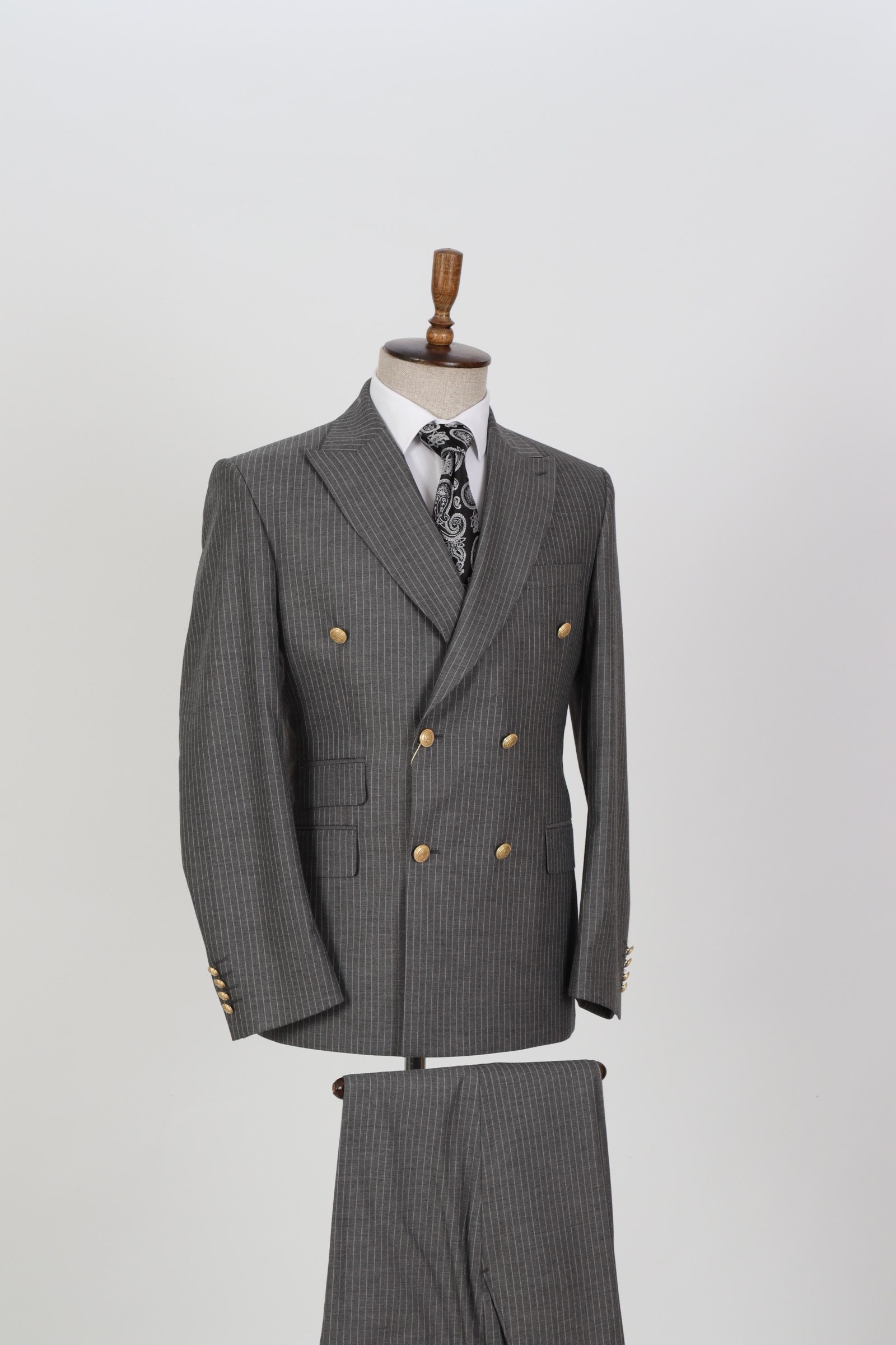 Double Breasted Gray, Striped- Golden Button Men's Suit