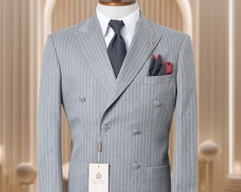 【Rrrr】DOUBLE LAPELED DOUBLE BREASTED Men's Slim Fit Double Breasted Blazer, Striped, Dual Vents