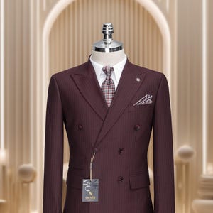 Slim Fit Double Breasted Wool Suit: 6 Button Peak Lapel