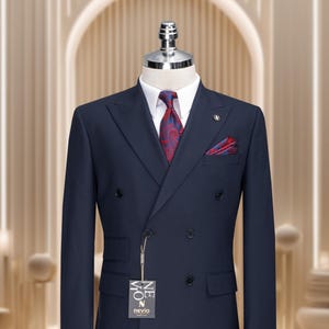 Slim Fit Double Breasted Wool Suit: 6 Button Peak Lapel