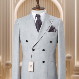 Slim Fit Gray Wool Blend Suit: Double Breasted, Peak Lapel